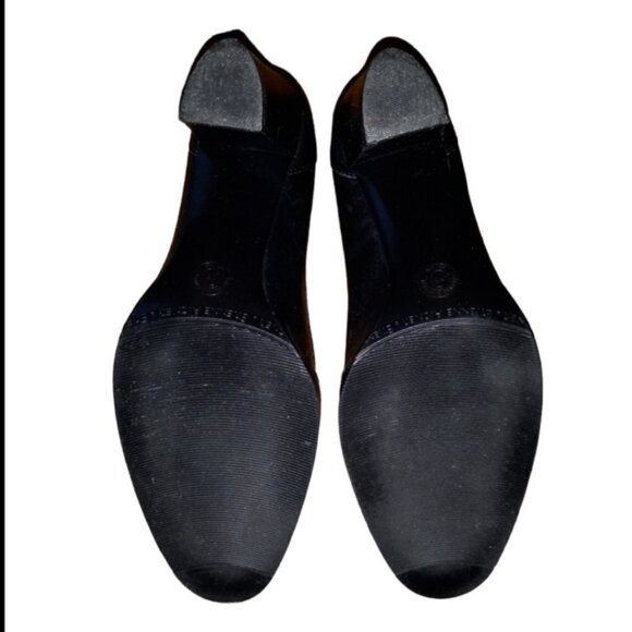 🏖️ETIENNE AIGNERE BLACK LEATHER PUMPS W STACKED HEEL & PEWTER LOGO - Picture 8 of 8